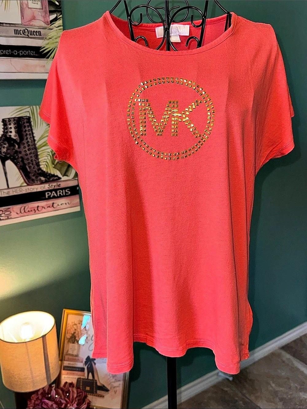 Michael Kors Coral Studded MK Logo T-Shirt Gold Studs